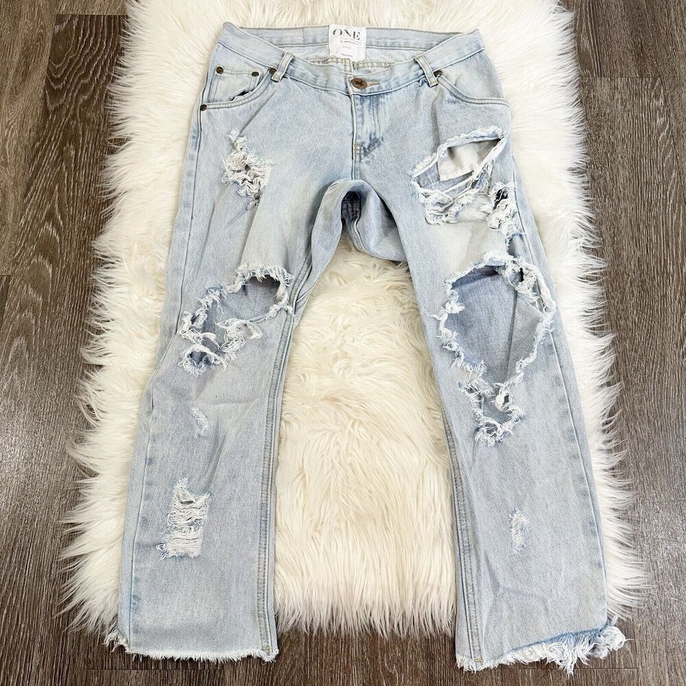 One Teaspoon Light Blue Distressed Straight Leg Jeans